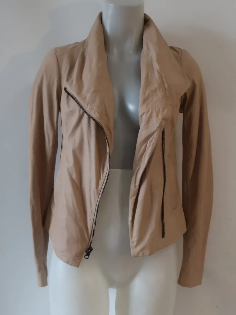 Womens Vince Beige (Item- 304) Mixed Media Ribbed Zip Leather Scuba Jacket XS